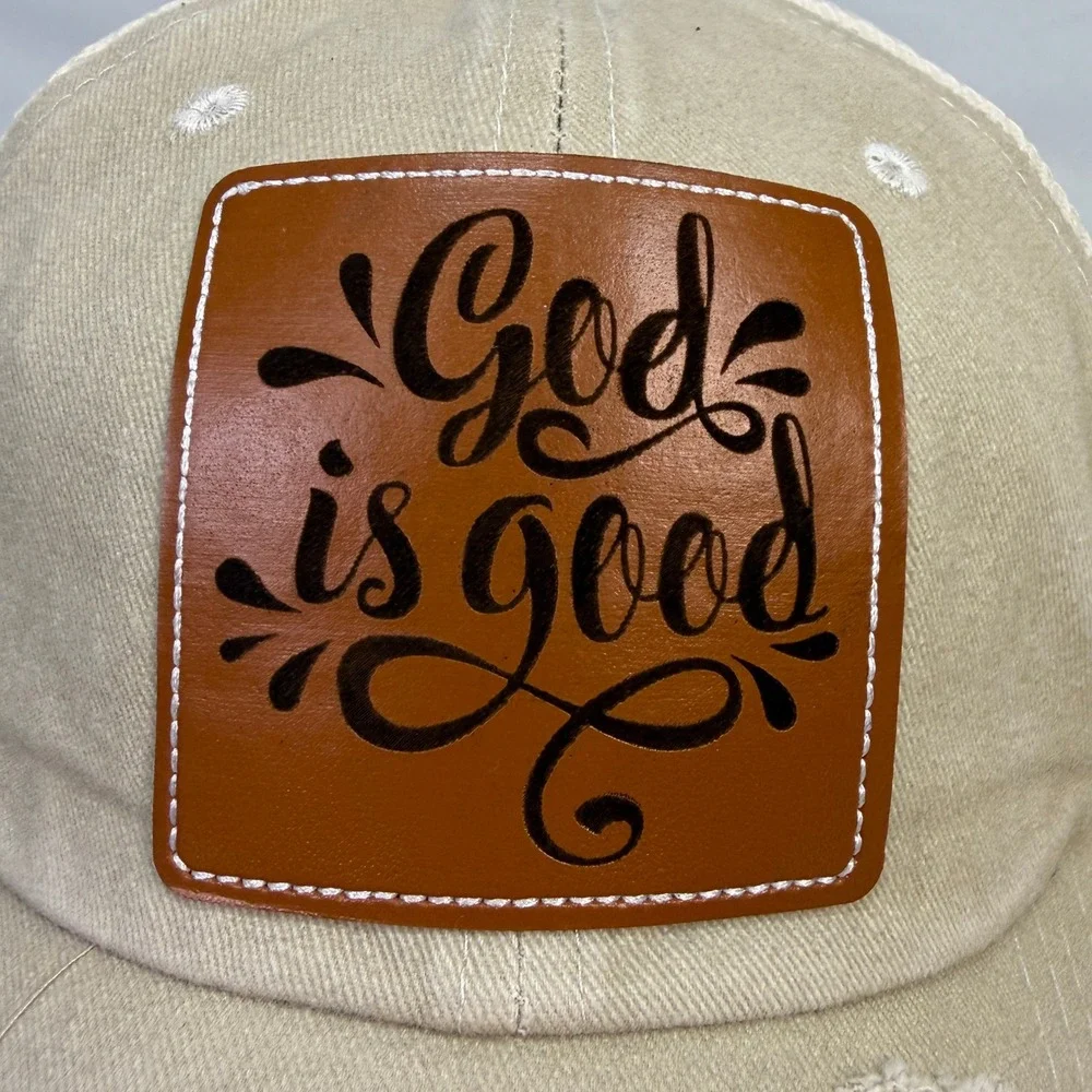 God Is Good Christian Leather Patch Distressed Trucker Hat Snapback Cap Tan